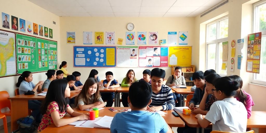 Kelas yang ramai dengan siswa belajar Bahasa Indonesia.