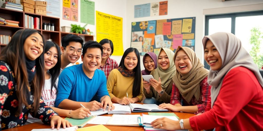 Seseorang belajar bahasa Indonesia dengan penuh semangat.